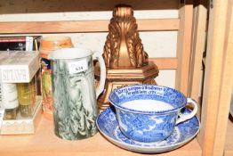 OVERSIZE BLUE AND WHITE CUP AND SAUCER, WALL BRACKET, BEER STEIN, AND A FURTHER JUG