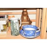 OVERSIZE BLUE AND WHITE CUP AND SAUCER, WALL BRACKET, BEER STEIN, AND A FURTHER JUG