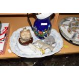 19TH CENTURY BLUE AND WHITE MEAT PLATE, VARIOUS ANIMAL ORNAMENTS AND AN ENAMELLED JUG