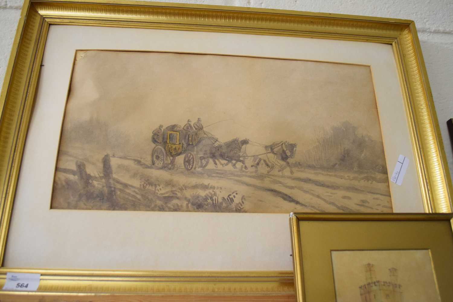 LATE 19TH/EARLY 20TH CENTURY BRITISH SCHOOL WATERCOLOUR STUDY OF A COACH AND HORSES, INDISTINCTLY