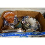 ONE BOX MIXED WARES TO INCLUDE CARNIVAL GLASS VASE AND VARIOUS OTHER HOUSEHOLD CHINA WARES