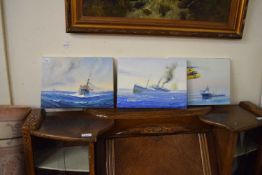 KENNETH GRANT (British, 20th century), three seascapes including the sinking of a cruise ship, oil