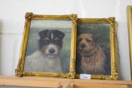 PAIR OF SMALL OIL ON BOARD STUDIES OF TERRIERS TOGETHER WITH A TOM TURNER STUDY OF A BOATHOUSE