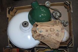BOX OF VINTAGE INDUSTRIAL CEILING LIGHTS, SHADES AND OTHER ITEMS