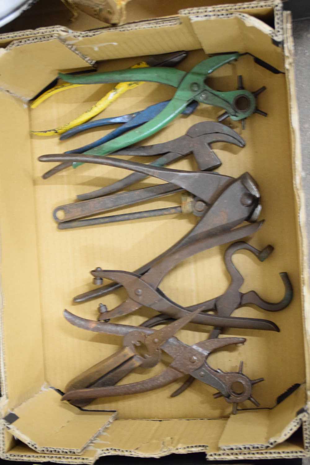 BOX OF MIXED TOOLS, LEATHER PUNCHES ETC