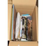 ONE BOX ASSORTED FRAMED PICTURES, MIRROR, BOOKS ETC