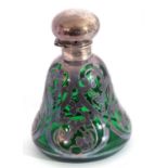 Edward VII green glass and silver overlaid perfume/scent bottle of bell shape, the dark green