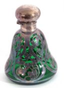 Edward VII green glass and silver overlaid perfume/scent bottle of bell shape, the dark green