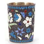 Russian silver and cloisonne enamel beaker/vodka cup of cylindrical form, a grey-black ground