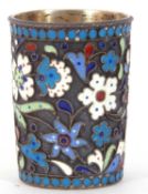 Russian silver and cloisonne enamel beaker/vodka cup of cylindrical form, a grey-black ground