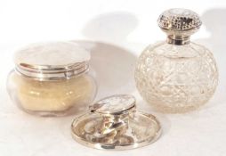 Mixed Lot: Edwardian spherical hobnail cut glass scent bottle with hinged silver lid (badly dented),