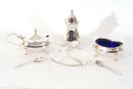 Mixed Lot: Elizabeth II silver condiment set comprising pepper, lidded mustard and open salt,