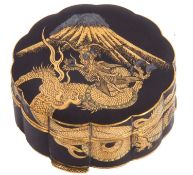 Japanese mixed metal trinket box of circular form, the lid decorated with a scene of Mount Fuji