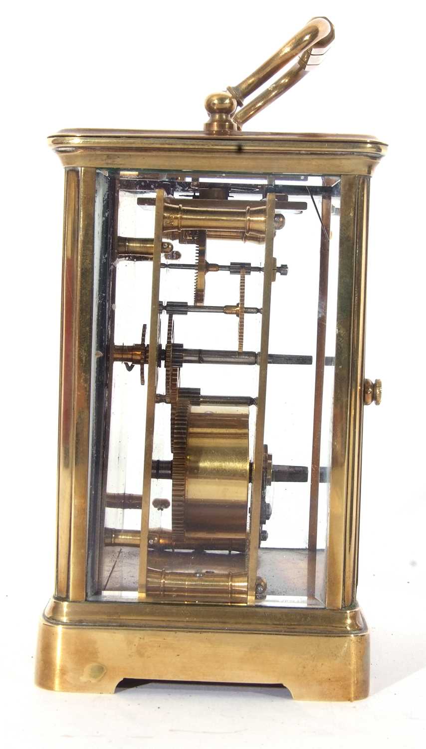 First quarter of the 20th century large French brass and glass panelled carriage clock of plain - Image 3 of 8