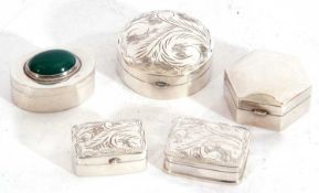 Five small modern white metal lidded boxes, each stamped 925, 52gms