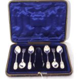 Cased set of six Edward VII silver coffee spoons with bright cut foliate decoration to the stems and
