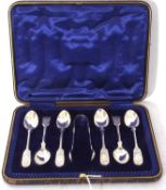 Cased set of six Edward VII silver coffee spoons with bright cut foliate decoration to the stems and