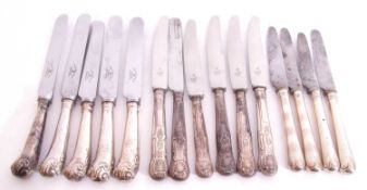 Mixed Lot: five Georgian silver pistol handled table knives, six Kings pattern silver handled