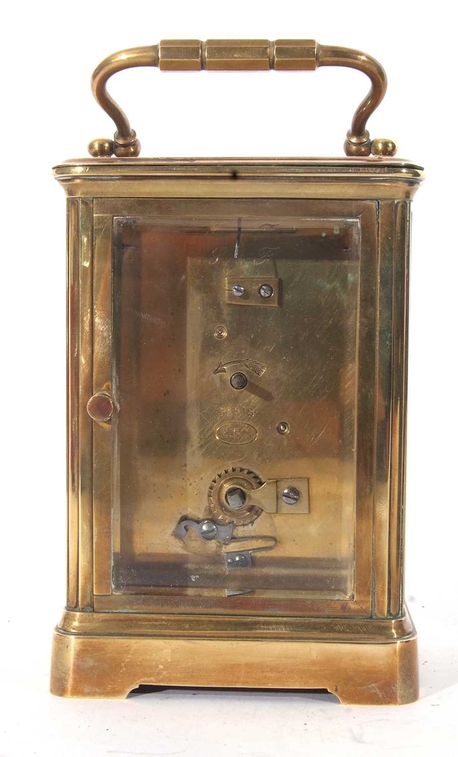 First quarter of the 20th century large French brass and glass panelled carriage clock of plain - Image 4 of 8