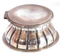 Antique silver mounted inkwell of spreading circular form, plain hinged lid with a ribbed body and