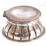 Antique silver mounted inkwell of spreading circular form, plain hinged lid with a ribbed body and