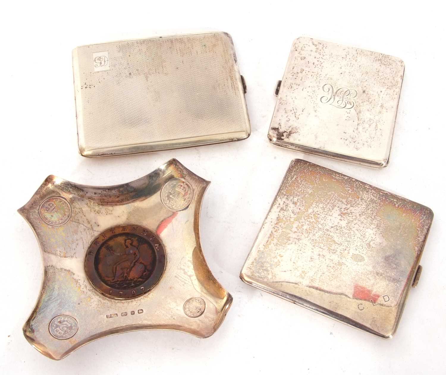 Mixed Lot: three silver cigarette cases, each engraved with initials, Birmingham 1924, 1933 and