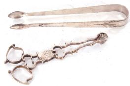 Mixed Lot: pair of antique silver sugar nips with shell bowls and scroll arms and handles, marked