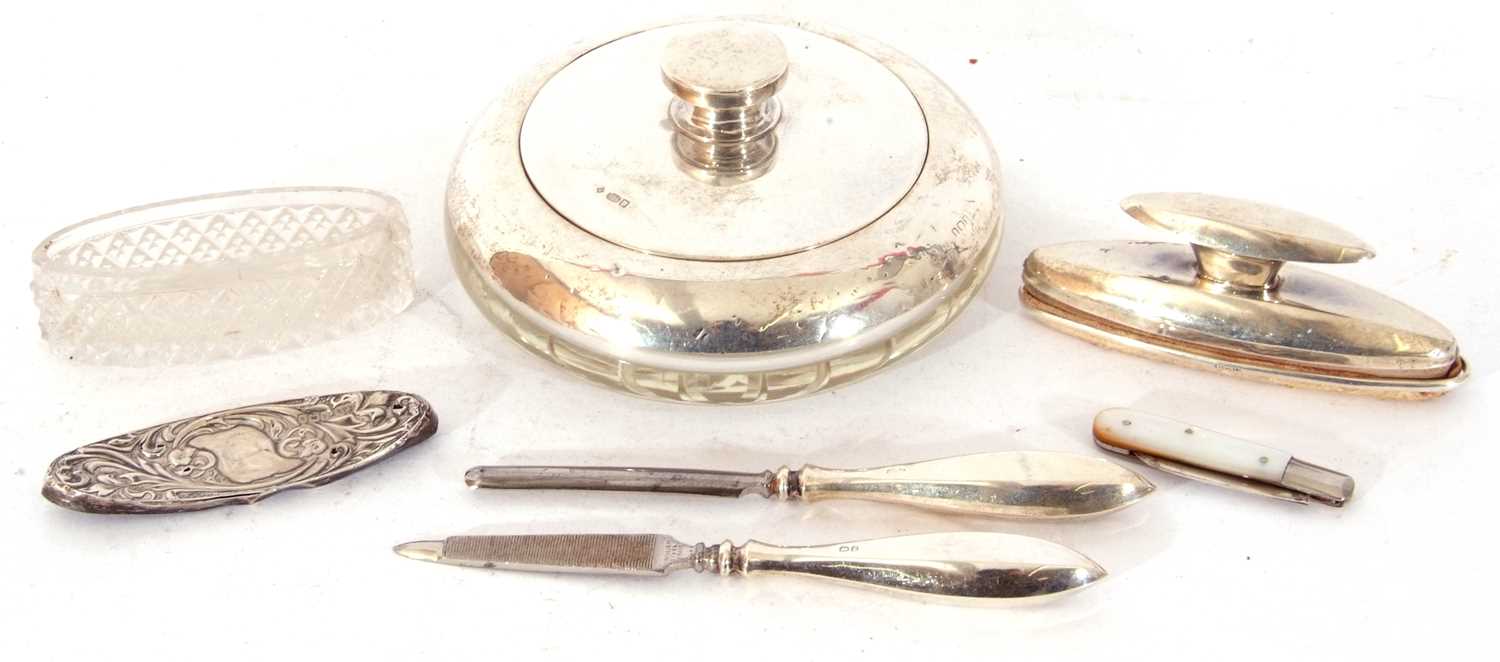 Mixed Lot: group of silver mounted dressing table items including circular powder bowl with cut - Image 2 of 2