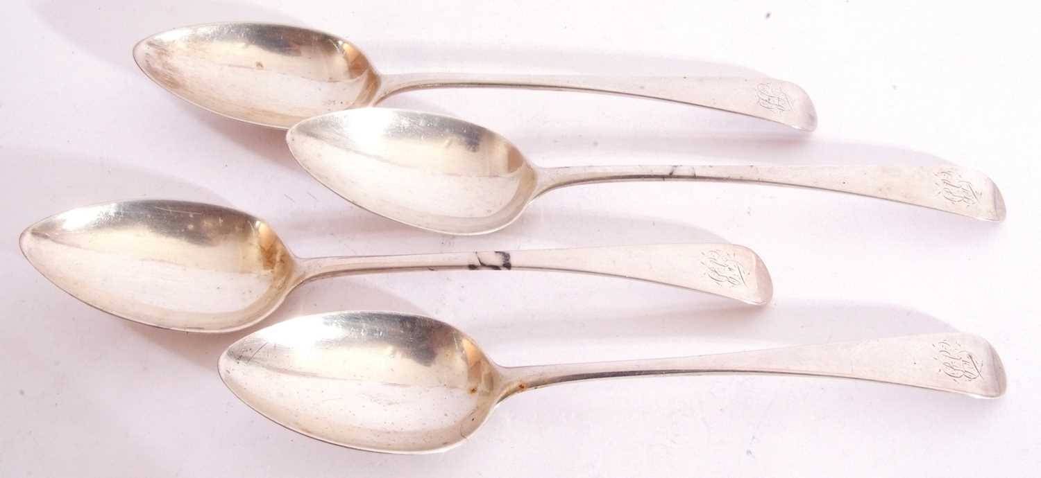 Set of four Georgian Old English table spoons engraved with family monogram, London 1802, maker's