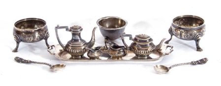 Mixed Lot: miniature silver three piece bachelor's tea set and long handled tray, London 1975,