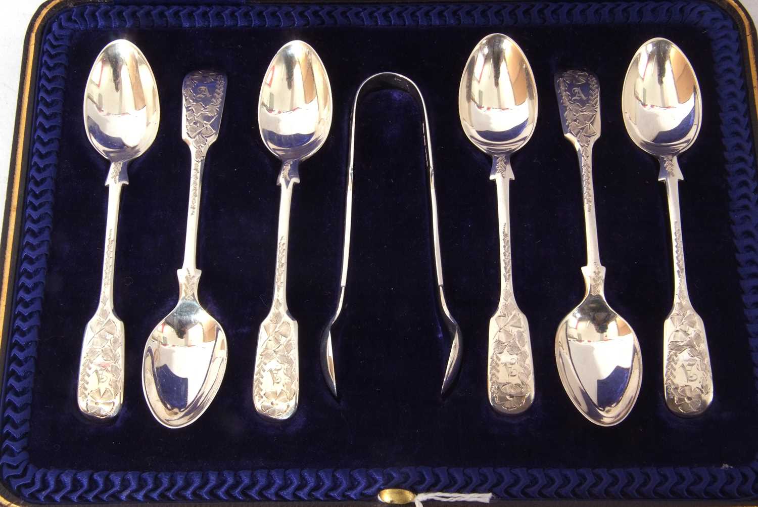 Cased set of six Edward VII silver coffee spoons with bright cut foliate decoration to the stems and - Image 2 of 4