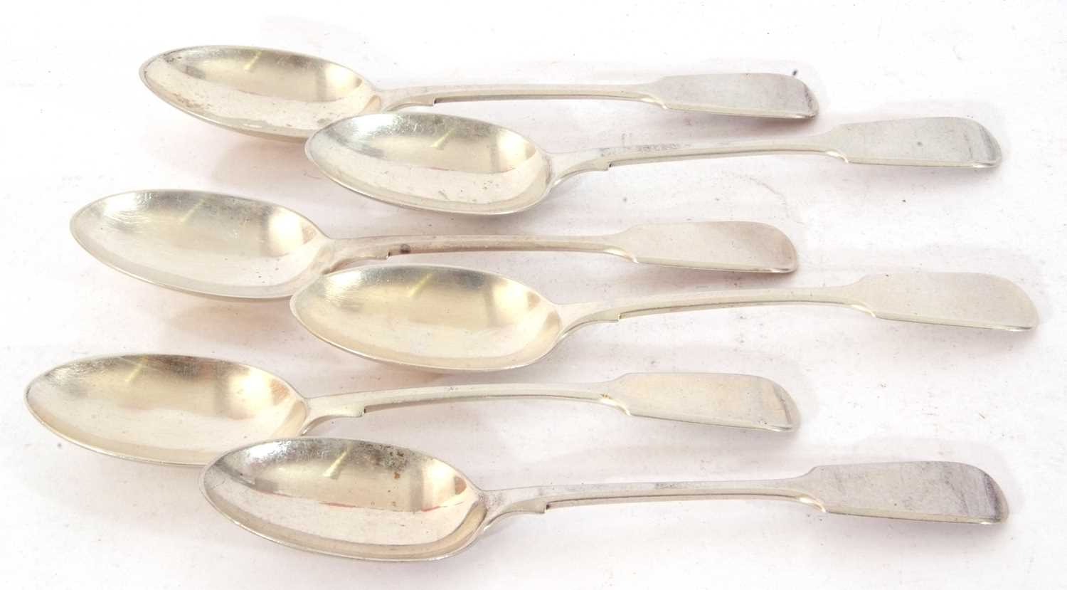 Set of six silver Fiddle pattern dessert spoons, London 1894, Spink & Son, 293gms