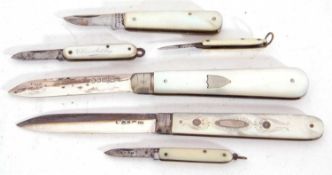 Mixed Lot: Georgian silver and mother of pearl folding fruit knife, the handle with inlaid silver