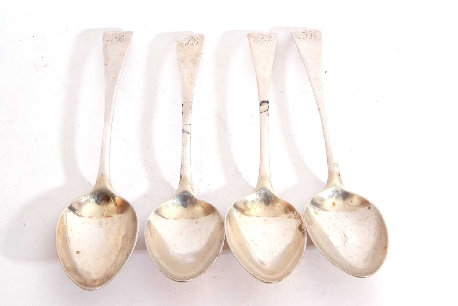Set of four Georgian Old English table spoons engraved with family monogram, London 1802, maker's - Image 3 of 7