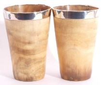 Pair of Victorian horn beakers of tapering cylindrical form, both applied with hallmarked silver