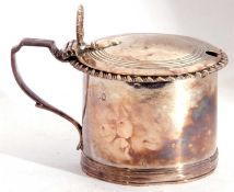 William IV silver drum mustard of typical form with gadrooned and reeded applied rim, the hinged