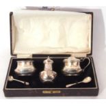 George V cased three piece condiment set of compressed circular form comprising mustard, liner and