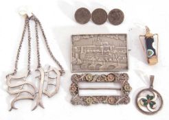 Mixed Lot: Continental rectangular brooch, stamped 800, an ornate letter P&S white metal labels,