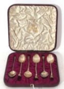 Cased set of six George V decorative coffee spoons with twist stems and fox mask finials, Birmingham