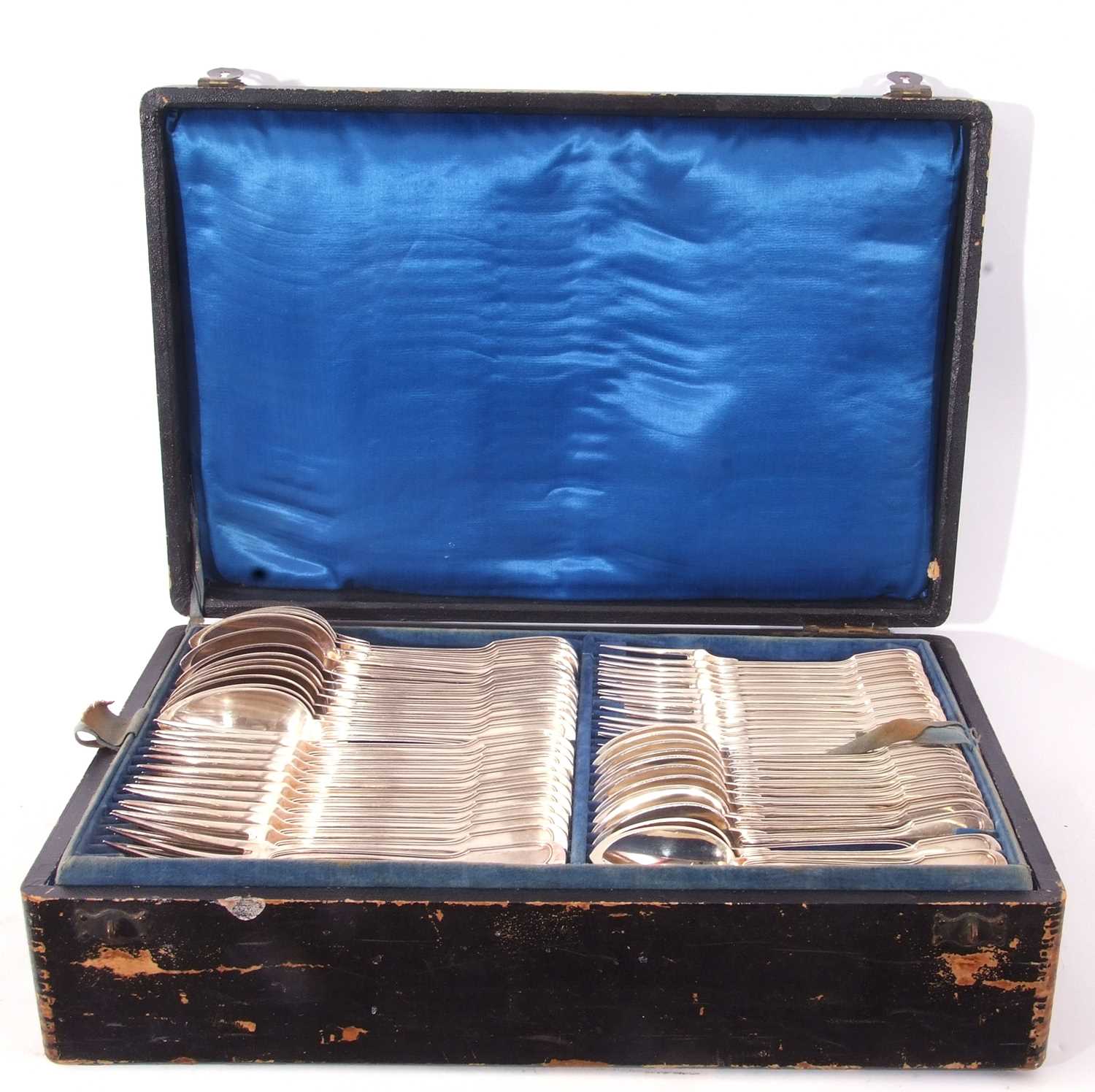 Cased set of Victorian period French silver plated flatwares by Christofle in double struck Fiddle