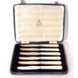 Cased set of six Elizabeth II mother of pearl handled and silver bladed cake or butter knives,