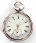 Gents last quarter of 19th century hallmarked silver cased pocket watch with key wind, having gold