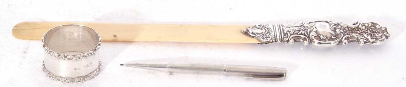 Mixed Lot comprising late Victorian ivory bladed paper knife with loaded pierced and embossed silver