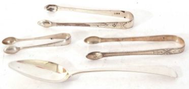 Mixed Lot: Georgian Old English pattern serving spoon, London 1789, Steven Adams, two pairs of