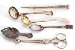 Mixed Lot: George IV silver caddy leaf spoon, Birmingham 1822, a pair of Victorian silver sugar