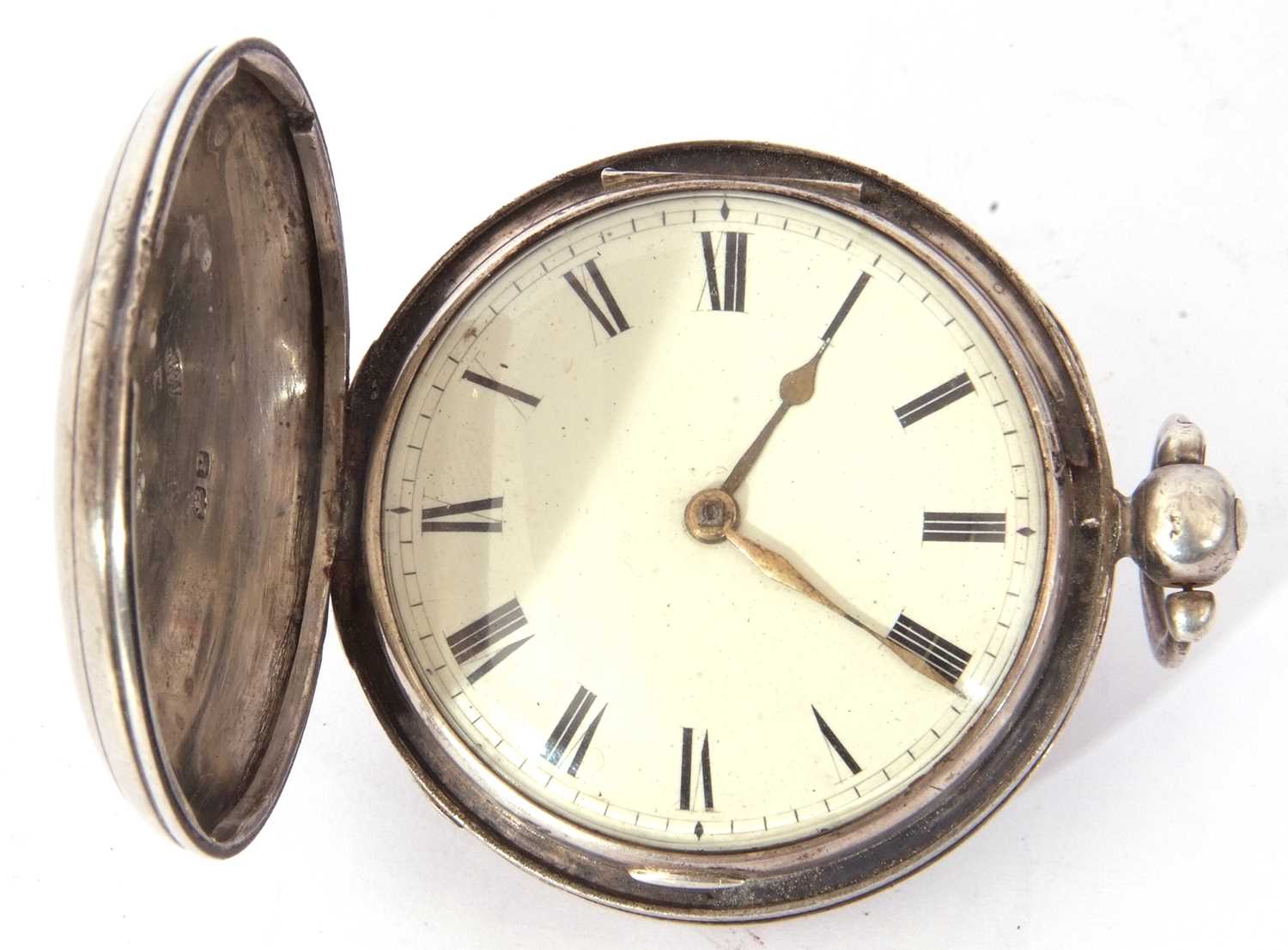 Second quarter of 19th century hallmarked silver cased full hunter pocket watch having gold hands to