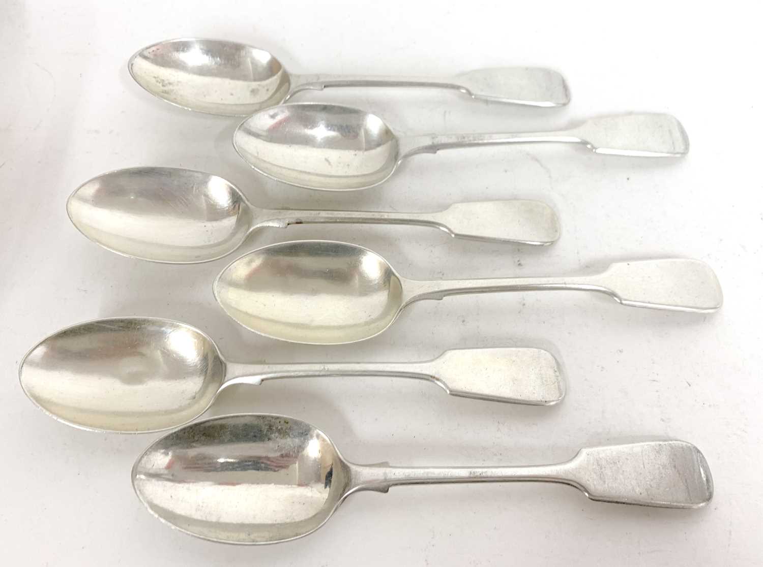 Set of six silver Fiddle pattern dessert spoons, London 1894, Spink & Son, 293gms - Image 3 of 5