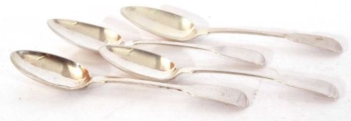 Group of four silver Fiddle pattern table spoons, two George and two Victorian, mixed dates and