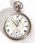 Gents first quarter of 20th century nickel cased pocket watch with button wind, having blued steel