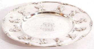 Sterling silver Gorham child's nursery plate depicting various characters from nursery rhymes around